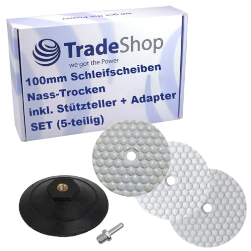 Trade-Shop 5-teiliges SET 100mm Schleifscheiben Pads (3x) + Schleifteller mit M14 Adapter für Schleifmaschinen, #50/#100/#200, Nass-Trocken von Trade-Shop