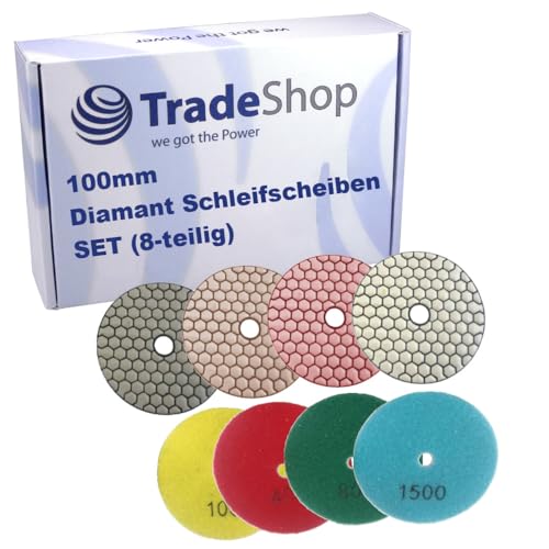 Trade-Shop 8-teiliges SET 100mm M14 Schleifscheiben Pads für Klett Schleifteller Winkelschleifer Schleifmaschine, Buff/50/100/200/400/800/1500/3000 von Trade-Shop