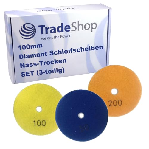 Trade-Shop SET (3-teilig): Ø100mm Nass-Trocken Diamant Schleifscheiben/Polierscheiben/Polierpads M14 - Körnung #50, #100, #200 von Trade-Shop