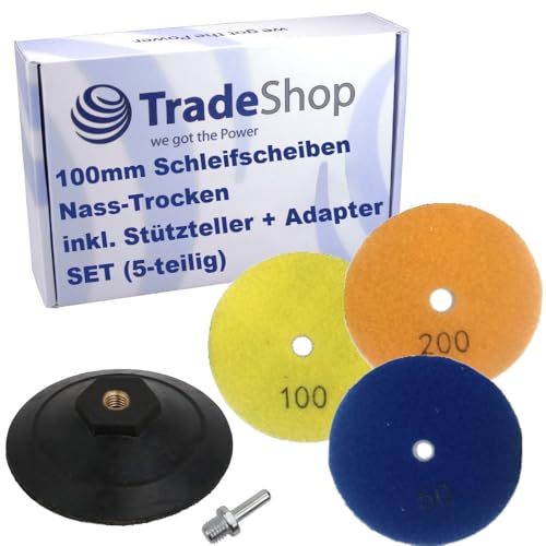 Trade-Shop SET (5-teilig): Ø100mm Diamant Schleifscheiben Polierpads Nass-Trocken - #50, #100, #200 / inkl. Aufnahmeteller + M14 Spanndorn von Trade-Shop