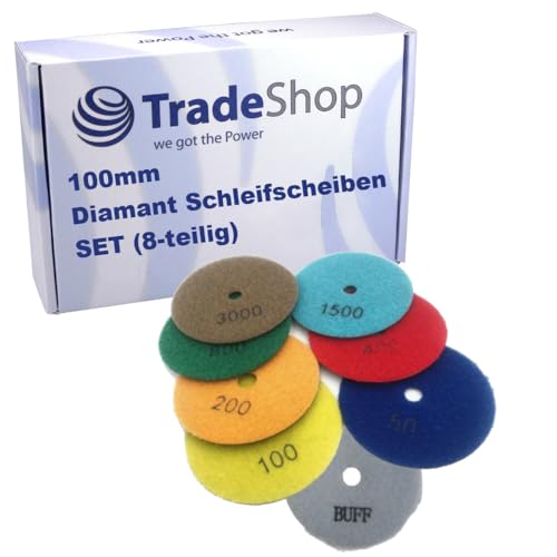 Trade-Shop SET (8-teilig): Ø100mm Trocken Diamant Schleifscheiben/Polierscheiben/Polierpads M14 - BUFF, #50, #100, #200, #400, #800, #1500, #3000 von Trade-Shop