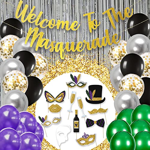 Maskerade Party Dekorationsset | "Welcome to the Masquerade!" Banner | 12 Masken-Party-Fotorequisiten | 2 Silberfolie Fransen | Gold Konfetti Ballons | Silber & Schwarz Luftballons von Trader Bae