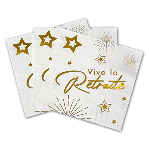 Tralala Fêtes® 16 Servietten "Vive la Retraite" – Einweg-Papierservietten zur Ruhestandsfeier – festliche Dekoration, 33 x 33 cm, aufgeklappt (Weiß & Gold) von Tralala Fêtes