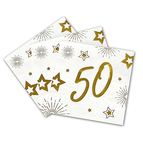 Tralala Fêtes® 16 Servietten zum 50. Geburtstag – Einweg-Papierservietten 3-lagig – festliche Dekoration Weiß & Gold (Gold) – 33 x 33 cm aufgeklappt (50 Jahre) von Tralala Fêtes