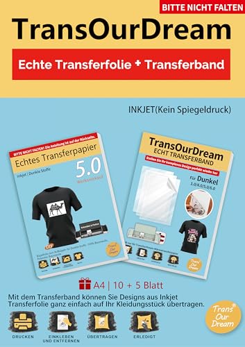 TransOurDream (10 Blatt Dunkel 5.0 Transferfolie + 5 Blatt Transferband) Inkjet Transferpapier für dunkle T-Shirts zum Aufbügeln,Textilien Aufbügelpapier (D-Dark5.0+Transferband) von TransOurDream