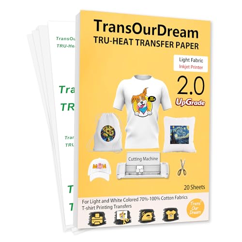 TransOurDream 20 Blatt x A4 Transferpapier für Textilien 2.0 – Transferpapier für weiße oder helle T-Shirts oder Textilien, kein Spiegeldruck, zum Aufbügeln, Tintenstrahldruck von TransOurDream