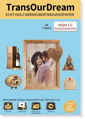 TransOurDream 5XA4+1 Bauwollstoff,Echt Holz Inkjet Wärmetransferpapier(Transparent Folie) für Tintenstrahldrucker bedruckbares Transferpapier zum Aufbügeln für Holz von TransOurDream