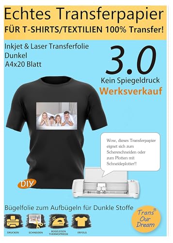 TransOurDream A4X20 Blatt+2 Silikonpapier, Echte Inkjet/Laser Transferfolie,Bügelfolie für Dunkle Textilien,T-Shirt Papier für dunkle T-Shirts, Textilienfolien,Transferpapier,T Shirt Folie von TransOurDream