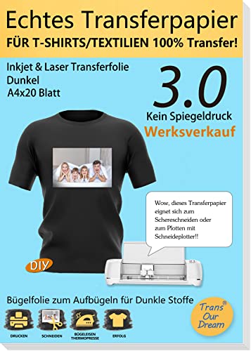 TransOurDream A4X20 Blatt+2 Silikonpapier, Echte Inkjet/Laser Transferfolie,Bügelfolie für Dunkle Textilien,T-Shirt Papier für dunkle T-Shirts, Textilienfolien,Transferpapier,T Shirt Folie von TransOurDream