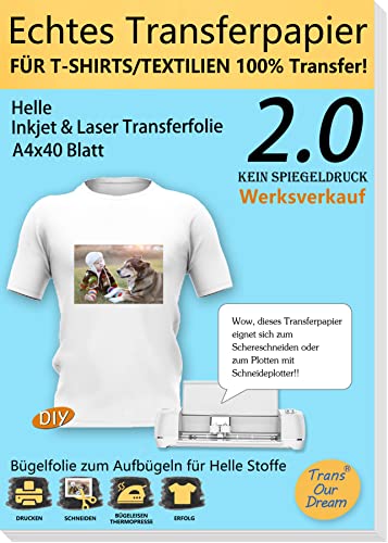 TransOurDream ECHTE Inkjet/Laser Transferfolie Transferpapier,DIN A4X40 Blatt,Textilien,Folie für Tintenstrahldrucker und Laserdrucker,Bedruckbare Bügelfolie für helle T Shirts (2.0-40) von TransOurDream
