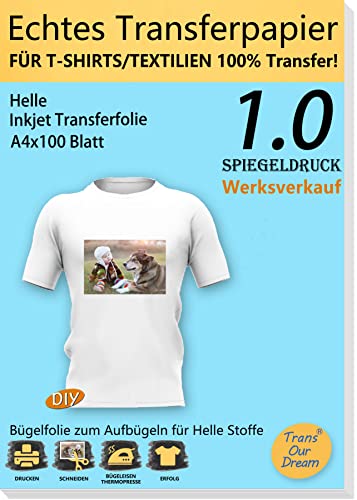 TransOurDream ECHTE Inkjet Bügelfolie Transferfolie Transferpapier A4X100 Blatt, T-Shirt Folie zum Aufbügeln,Bügelfolie für helle T-Shirt für Tintenstrahldrucker,Textilen Transferfolie(1-100) von TransOurDream