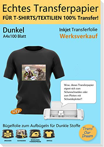 TransOurDream 100 Blatt A4 +10 Silikonpapier, ECHTE Inkjet Transferfolie Transferpapier für Dunkle Textilien für Tintenstrahldrucker für dunkle T-Shirts,Bedruckbare Bügelfolie,transfer paper von TransOurDream