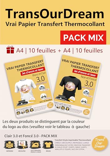 TransOurDream Transferpapier für Textilien 3.0 - Mix (10 Blatt für hell + 10 Blatt für dunkel), HTV Vinyl, Tintenstrahl- & Laser-Drucker, kein Spiegeldruck, FR-PACKMIX-3.0-10-10 von TransOurDream