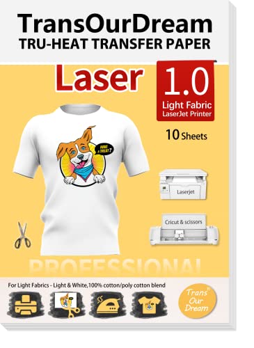 TransOurDream Tru-Transfer Papier Laser für leichten Stoff, 10 Blatt, A4, zum Aufbügeln, für T-Shirts, Druckpapier, einfach zu bedienen, waschbar, langlebig, bedruckbar, Thermotransfer-Vinyl (Laser-L1-10) TransOurDream Tru-Transfer Papier Laser für leichten Stoff, 10 Blatt, A4, zum Aufbügeln, für T-Shirts, Druckpapier, einfach zu bedienen, waschbar, langlebig, bedruckbar, Thermotransfer-Vinyl (Laser-L1-10) von TransOurDream