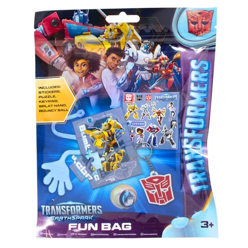 Transformers EarthSpark 5-teilige Spaßtasche – inklusive Aufkleber, Puzzle, Schlüsselanhänger, Splat-Hand und Hüpfball von Transformers