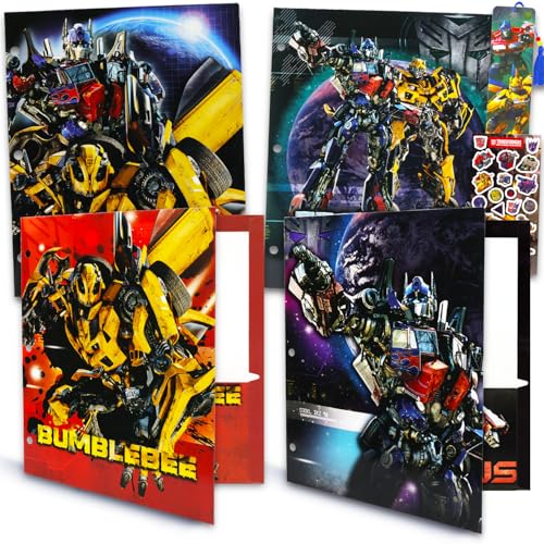 Transformers Ordner für die Schule - Taschenmappen Transformers Bündel mit 4 laminierten Transformers Plastikmappen, Aufklebern, Lesezeichen | Transformers Schulbedarf Set von Transformers