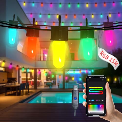 Traumheim 15M Lichterkette Außen/Innen Bunt 20 RGB S14 Glühbirne,Smart App mit 99+ Modi und Timer, für Outdoor Wasserdicht Terrasse, Hinterhof, Party, Hochzeit, Garten, Balkon （USB） von Traumheim