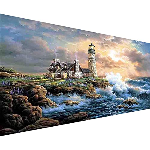 5D Diamond Painting Leuchtturm Diamant Painting Bilder Erwachsene Groß xxl Diamant Malerei Kits Diamond Painting Meerblick Malen nach Zahlen wohnzimmer bilder für die Inneneinrichtung (180x70cm) von Trayosin