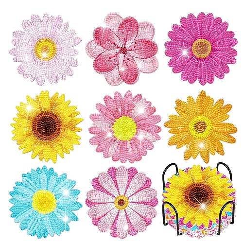 Trayosin 8er Set Diamond Painting Untersetzer Blume Sonnenblume, DIY Diamond Painting Erwachsene Kinder Untersetzer mit Halter, Diamant Malerei Untersetzer Für Gläser Weingläser Vasen von Trayosin