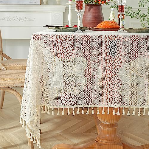 Spitze Tischdecke Handarbeit Gehäkelte Aushöhlen Rechteck Tischdecken mit Quaste, 100% Baumwolle Vintage Weiße Spitzeauflage Boho Hochzeit Tisch Dekor (B,150x100cm) von Trayosin