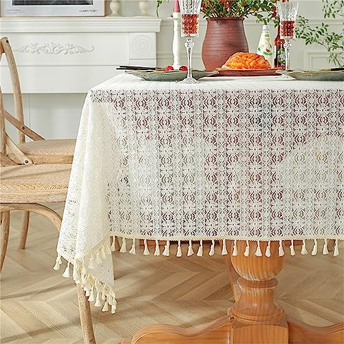 Spitze Tischdecke Handarbeit Gehäkelte Aushöhlen Rechteck Tischdecken mit Quaste, 100% Baumwolle Vintage Weiße Spitzeauflage Boho Hochzeit Tisch Dekor (E,150x220cm) von Trayosin