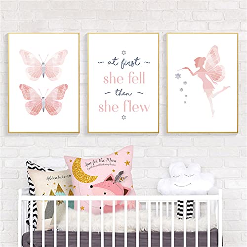 Trayosin 3er Set Kinder Poster Set Rosa Elf Schmetterling Bilder für das Babyzimmer oder Kinderzimmer Deko Mädchen Jungen (40x50cm) von Trayosin