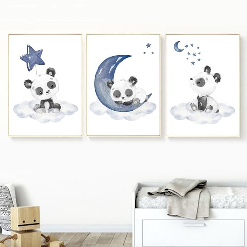 Trayosin 3er Set Poster Kinderzimmer Panda Bilder Deko Babyzimmer, Mond und Sterne Kinderzimmer Deko Boho Wandposter Für Kinder Junge Mädchen (21x30cm) von Trayosin