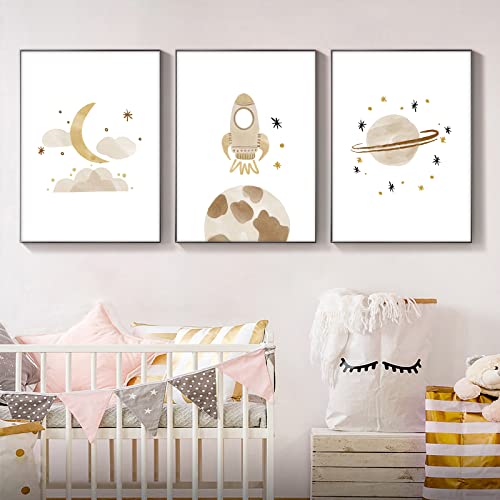 Trayosin 3er Set Poster Kinderzimmer interstellar Bilder Babyzimmer Wandbilder Deko Beige Wandposter Bilder für Kinderzimmer Deko Mädchen Jungen ohne Rahmen (40x50cm,Beige A) von Trayosin