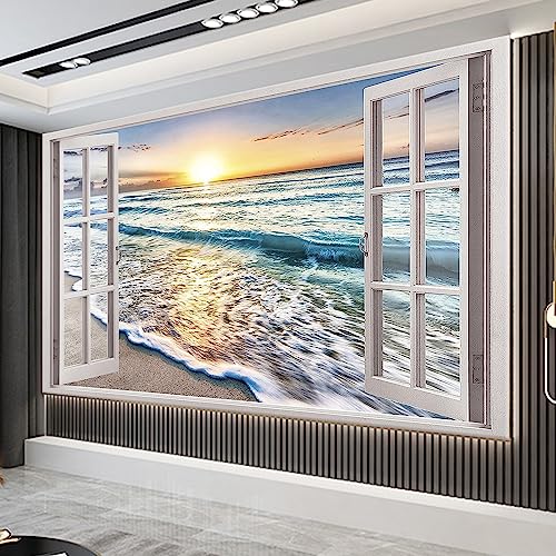 Trayosin Diamond Painting Fenster Strand Full Drill Diamond Painting Kits 5D Diamant Painting Bilder für Erwachsene DIY 5D Diamant Malerei für Wohnzimmer Büro Wand Dekoration Geschenk (120x80cm) von Trayosin