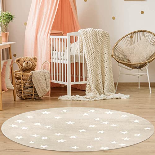 Trayosin Kinderteppich Kinderzimmer Teppich Spielteppich Rund Groß Spielteppich Mit Sterne Design fürs Babyzimmer Kleinkinderzimmer (Beige,100cm) von Trayosin