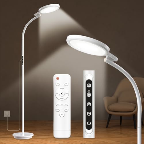 3-in-1 Tageslichtlampe Lichttherapie, Runder Boden Tageslichtlampe Stehlampe, SAD Sonnenlicht Lampe Therapie mit Fernbedienung & Touch Control & Verstellbaren Schwanenhals für Lesen/Büro/Haus (Weiß) von Trayvespace