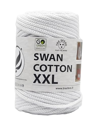 SWAN COTTON XXL (2502 - Weiß), Garn für Taschen, Hüte, Körbe, Unterteller, Clutch, Zusammensetzung: 70% recycelte Baumwolle, 30% Polyester, Spule 250 Gramm, 65 Meter von Tre Sfere