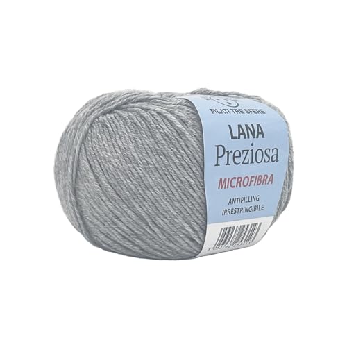 Wolle Preziosa Tre Sfere Mikrofaser 100% 500 Gramm (10 Knäuel à 50 g x 130 m) für Accessoires, Taschen, Kleidung und Grannys mit Strick- oder Häkelnadeln (Hellgrau - K1001) von Tre Sfere