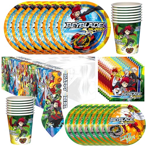 Treasures Gifted Beyblade Burst Partyzubehör, offizielles Lizenzprodukt, für 24 Gäste, Deluxe-Set, Beyblade Partyzubehör, Beyblade Geburtstagsparty-Zubehör, Beyblade Tischdecke, Teller, Servietten und von Treasures Gifted