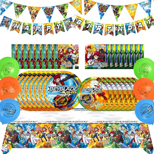 Treasures Gifted Beyblade Burst Partyzubehör, offizielles Lizenzprodukt, für 24 Gäste, komplettes Set, BEYBLADE Partyzubehör, Beyblade Geburtstagsparty-Zubehör, Beyblade Tischdecke, Teller, Banner und von Treasures Gifted