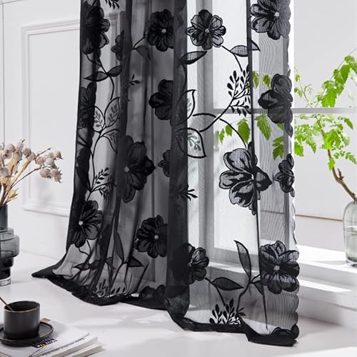 Treatmentex Spitze Vorhang Jacquard Gardinen mit Ösen Schwarze 3D Blumenmuster Halbtransparente Vorhänge Vintage Romantisch Dekoschal Ösenvorhänge für Mädchenzimmer Wohnzimmer,2 Stücke,140×225CM(B×H) von Treatmentex