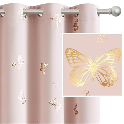 Treatmentex Verdunklungsvorhänge mit Gold Schmetterling Druck Blickdichte Gardinen mit Ösen für Kinderzimmer Mädchenzimmer Schlafzimmer Dekoschal 2er Set 180x140cm(H×B) Rosa von Treatmentex