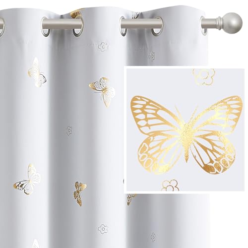 Treatmentex Verdunklungsvorhänge mit Gold Schmetterling Druck Blickdichte Gardinen mit Ösen für Kinderzimmer Mädchenzimmer Schlafzimmer Dekoschal 2er Set 180x140cm(H×B) Weiß von Treatmentex