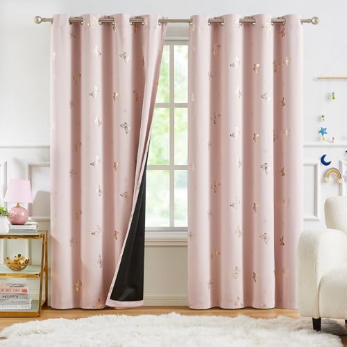 Treatmentex Verdunklungsvorhänge mit Gold Schmetterling Druck Blickdichte Gardinen mit Ösen für Kinderzimmer Mädchenzimmer Schlafzimmer Dekoschal 2er Set 225x140cm(H×B) Rosa von Treatmentex