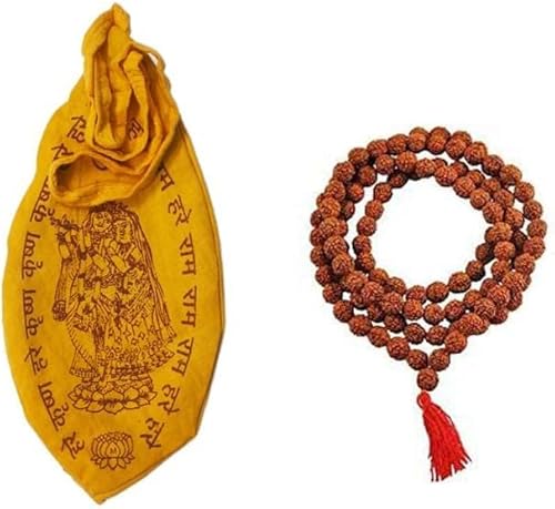 TreegoArt 5 Mukhi Rudraksha Mala 108 Perlen mit Gomukhi Japa-Beutel, Holz, ohne Edelstein, Holz, Ohne Edelstein. von TreegoArt