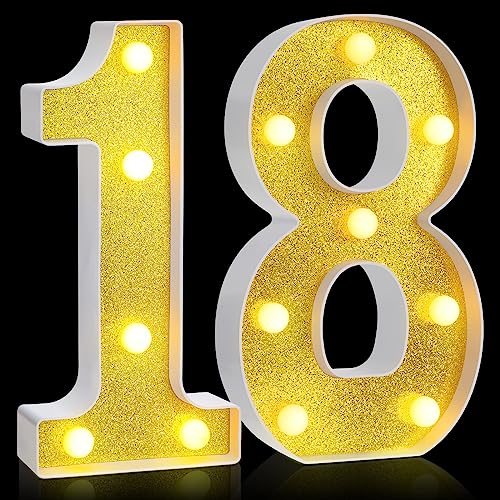 Treela Dekorative LED-Zahlen, beleuchtetes Zahlenschild für Nacht-Party-Dekorationen, Happy Birthday, LED-Schild, Hintergrund, Jahrestag, Party, Bar, Wanddekoration (Gold, 18. Geburtstag) von Treela