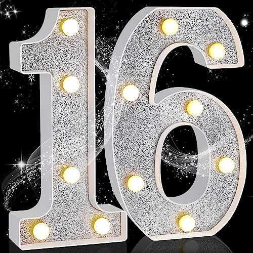 Treela Dekorative LED-Zahlen, beleuchtetes Zahlenschild für Nacht-Party-Dekorationen, Happy Birthday, LED-Schild, Hintergrund, Jahrestag, Party, Bar, Wanddekoration (Silber, 16. Geburtstag) von Treela