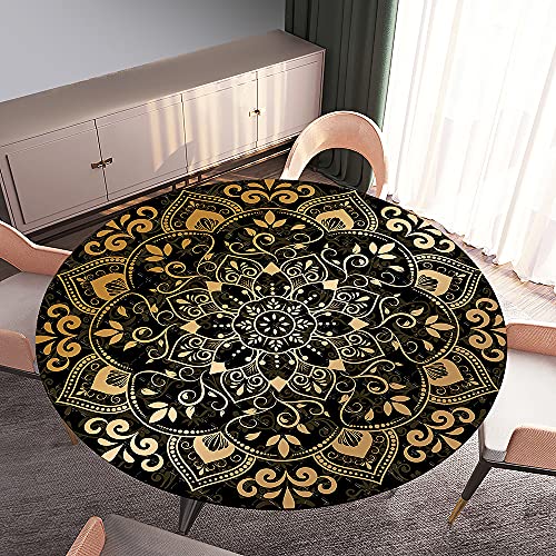 Rund Tischdecke Elastisch Wasserdicht, Treer 3D Mandala Drucken Polyester Abwaschbar Lotuseffekt Tischtuch mit Elastische Kante für Küche Esszimmer Garten Dekoration (Anthrazit,Rund 120cm) von Treer-shop