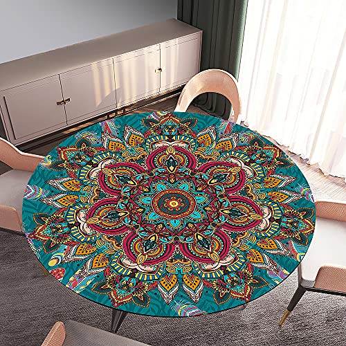 Rund Tischdecke Elastisch Wasserdicht, Treer 3D Mandala Drucken Polyester Abwaschbar Lotuseffekt Tischtuch mit Elastische Kante für Küche Esszimmer Garten Dekoration (Cyan,Rund 100cm) von Treer-shop