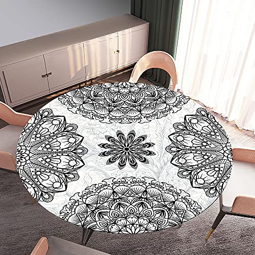 Rund Tischdecke Elastisch Wasserdicht, Treer 3D Mandala Drucken Polyester Abwaschbar Lotuseffekt Tischtuch mit Elastische Kante für Küche Esszimmer Garten Dekoration (Weiß,Rund 120cm) von Treer-shop