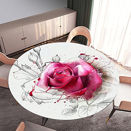 Rund Tischdecke Elastisch Wasserdicht, Treer 3D Rose Drucken Polyester Abwaschbar Lotuseffekt Tischtuch mit Elastische Kante für Küche Esszimmer Garten Dekoration (Weiß,Rund 90cm) von Treer-shop