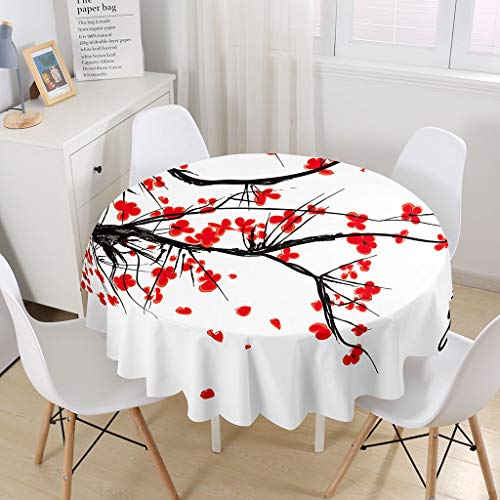 Runde Tischdecke Wasserdicht Antifouling Tischtuch, Treer Staubdicht Pflegeleicht Polyester Tischdecken mit 3D Frühling Blume Druck für Home Küche Esszimmer Party Garten Decor (rote Blume,150cm) von Treer-shop