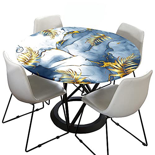 Tischdecke Runde mit Elastisch Kante, Treer Wasserdicht Antifouling Polyester Abwaschbar Tischtuch 3D Marmor Drucken Rund Tischdecken für Küche Esszimmer Party Garten (Golden,120cm) von Treer-shop