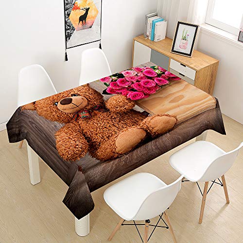 Wasserdicht Antifouling Tischdecke Rechteckig, Treer Abwaschbar Pflegeleicht Tischtuch 3D Bär Cartoons Bedruckte Polyester Tischdecken für Küche Esszimmer Party Garten (Rose,100x140cm) von Treer-shop