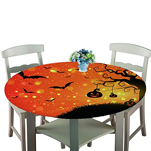 Wasserdicht Antifouling Tischdecke Runde, Treer Polyester Abwaschbar Pflegeleicht Tischtuch mit Elastische Kante 3D Halloween-Kürbis Druck Tischdecken für Küche Esszimmer (Orange Nacht,130cm) von Treer-shop